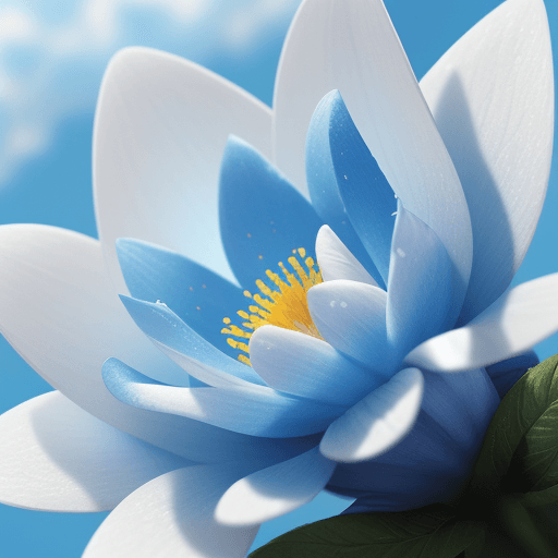 AI generated: A single brightly colored flower and a blue sky with clouds. Macro photography by Miki Asai. Close-u...
