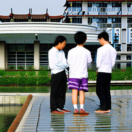 AI generated: Students at Suzhou High School of Jiangsu Province are chatting by the campus wetland, with classica...