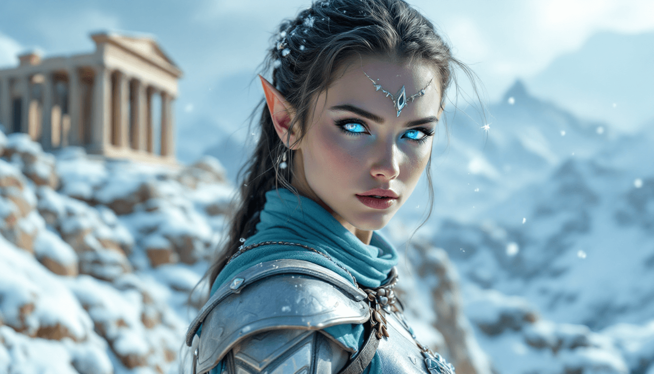 AI generated: ultra realistic half-body shot of an elven woman inspired by Aphrodite, standing on a snowy cliff in...