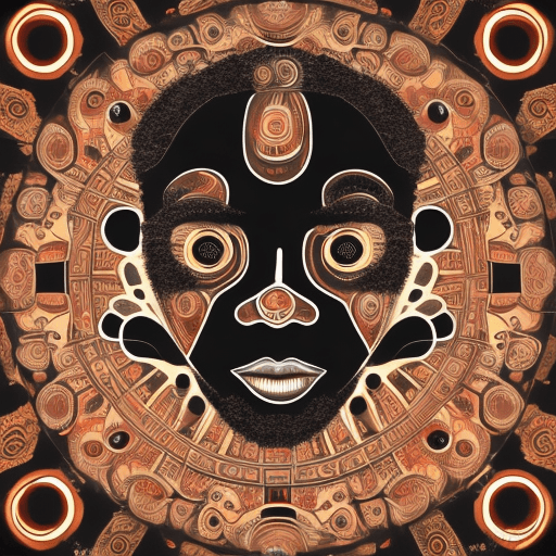 AI generated:  old African man's face, very black white eyes glowing red, very cute character, close-up, ink art c...