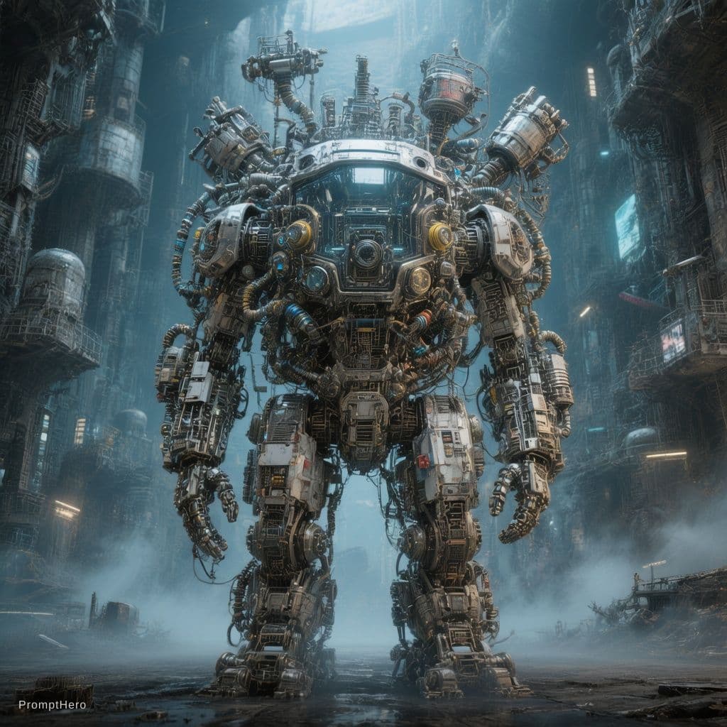 AI generated: rendering, front shot, eye level, full-body, strange body with complex system equipment with hyper d...