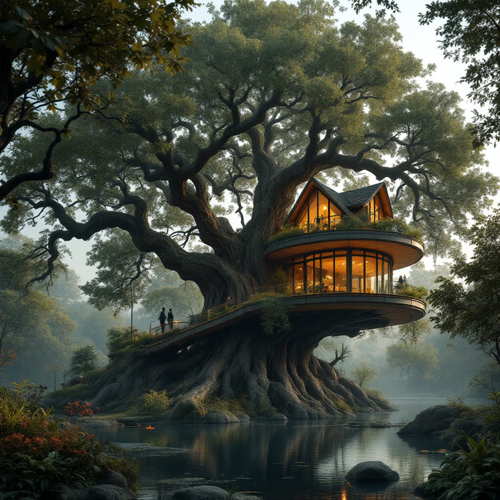AI generated: Ultra detailed, realistic, cinematic enchanted lighting, very modern tree house, Majestic ancient oa...