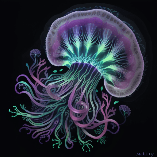 AI generated: jelly fish with long kaleidoscopic tentacles, lost in a psychedelic storm detailed painting by Felix...