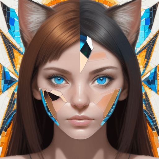 AI generated: A close-up portrait of a kitten's face in a mosaic collage style. The woman is facing forward symmet...