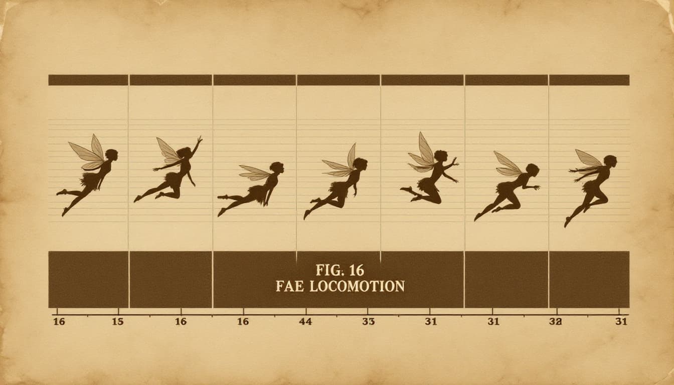 AI generated: Image is a vintage-style, sepia-toned illustration depicting a sequence of a fairy-like figure in mo...