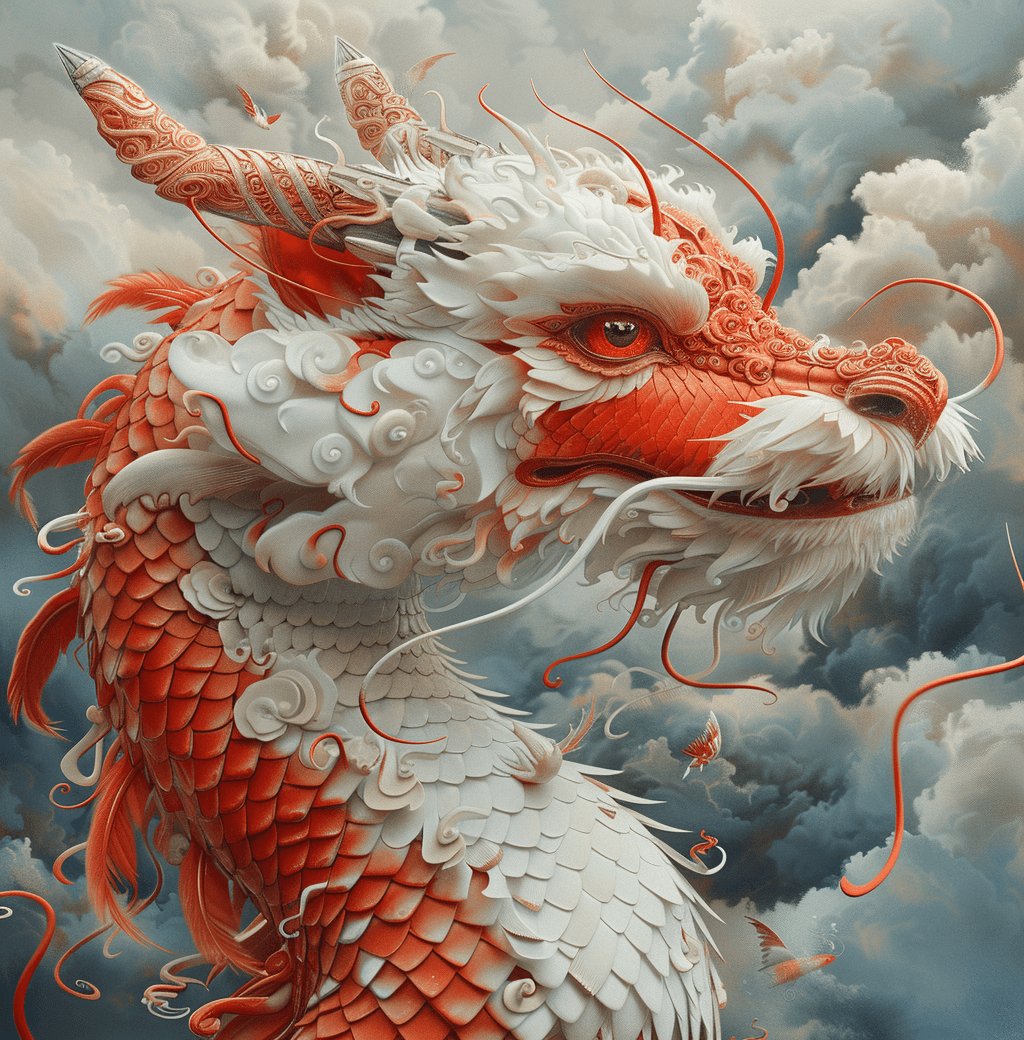 AI generated: red dragon under the stormy sky by sam robinson, in the style of tatiana suarez, harmonious color pa...