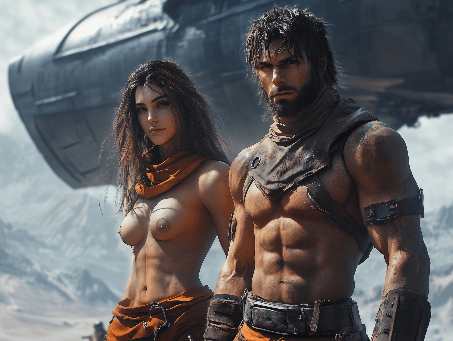 AI generated: A post-apocalyptic cyberpunk desert couple standing in front of their airship, wearing beautiful and...