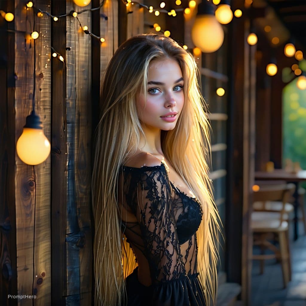 AI generated: A stunningly beautiful woman with long, flowing blonde hair, wearing elegant black lace lingerie, st...