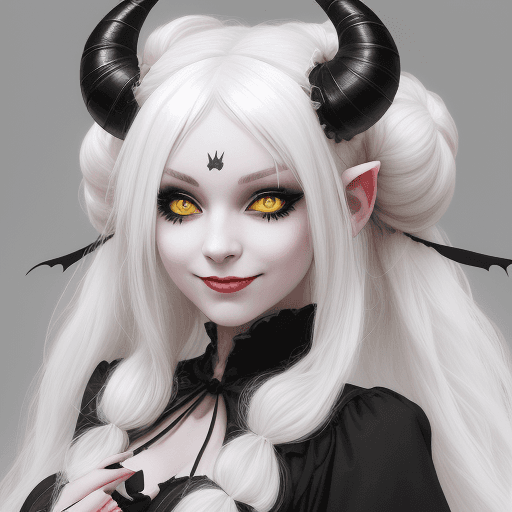 AI generated: YoungTiefling woman with a cute dress, long white hair with two side buns and black stripes, and bla...