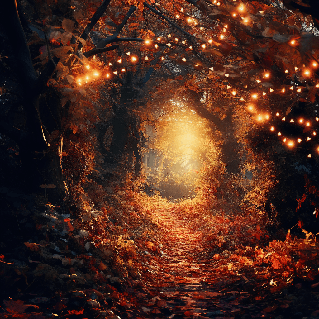AI generated: autumn leaves illuminated the path through the woodlands, in the style of dark orange and light gold...