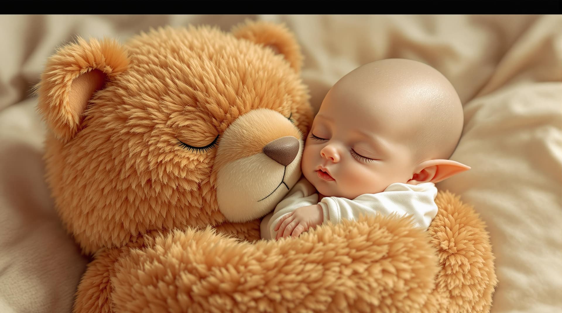 AI generated: in the arms of an angel, a beautiful and (cute alien baby ) with topaz color hairs duvet ,pointed ea...