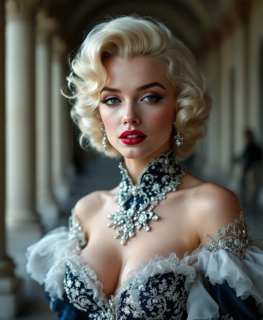 AI generated: A cinematic medium shot of Marilyn Monroe wearing a dark blue and white rococo costume with filigree...