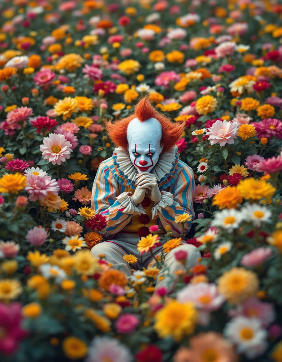 AI generated: a hyper realistic photography of an clown sitting in an endless sea of flowers, insane detail