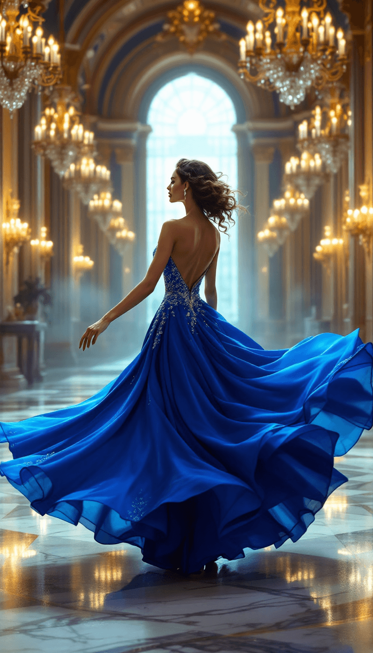 AI generated: /imagine prompt: The woman in a royal blue ballgown with intricate beading, dancing gracefully in th...