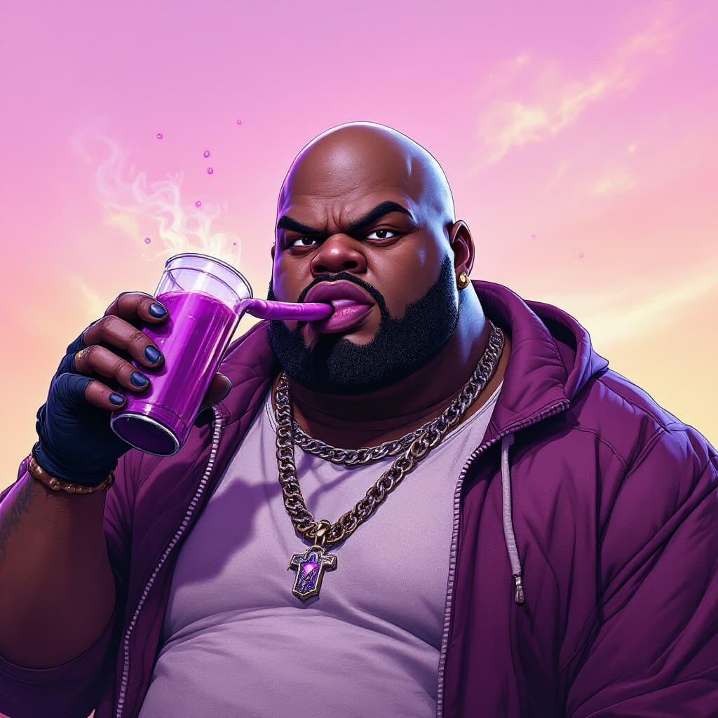 AI generated: dave blunts, a big very very fat bald black rapper as fortnite character holding purple slurp juice 