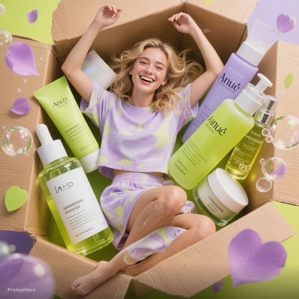 AI generated: A joyful blonde woman lying inside a cardboard gift box with an open flipped lid. Camera angle from ...