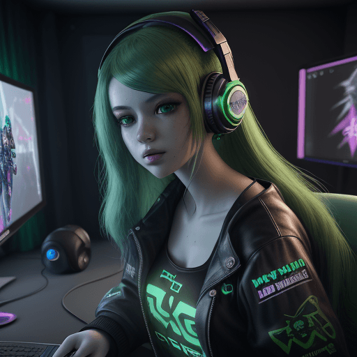 AI generated: Young girl with emerald hair, Young girl with emerald hair, headphones on her head, girl gamer, cybe...