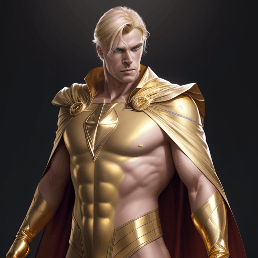 AI generated: male super hero named champion blond hair, no symbol, skin tight gold suit, gold cape, gold gloves, ...