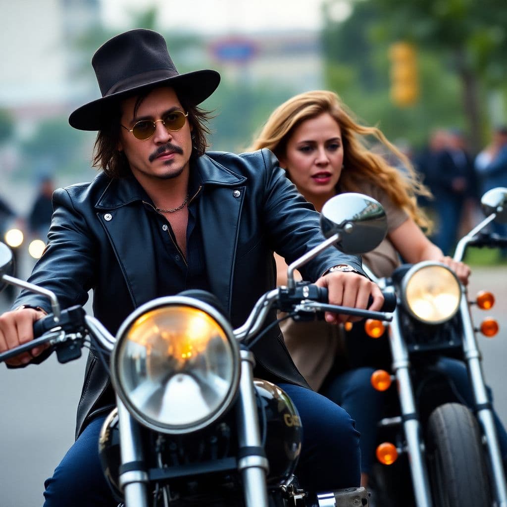 AI generated: a scene from the movie on the one motorcicles of Johnny Depp and woman