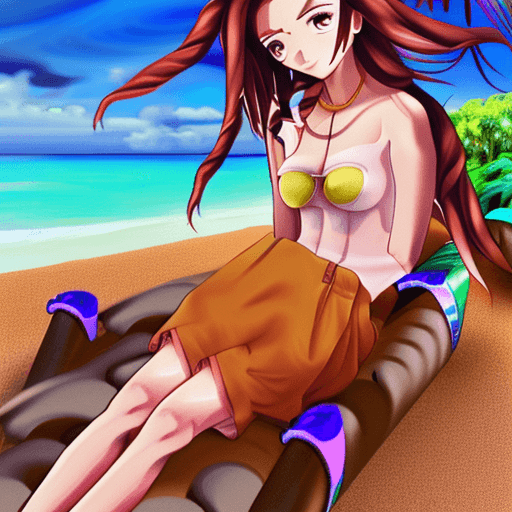 AI generated: A cute anime girl at the beach, colorful beach outfit, lying on a beach towel, riptide, ocean, sand,...