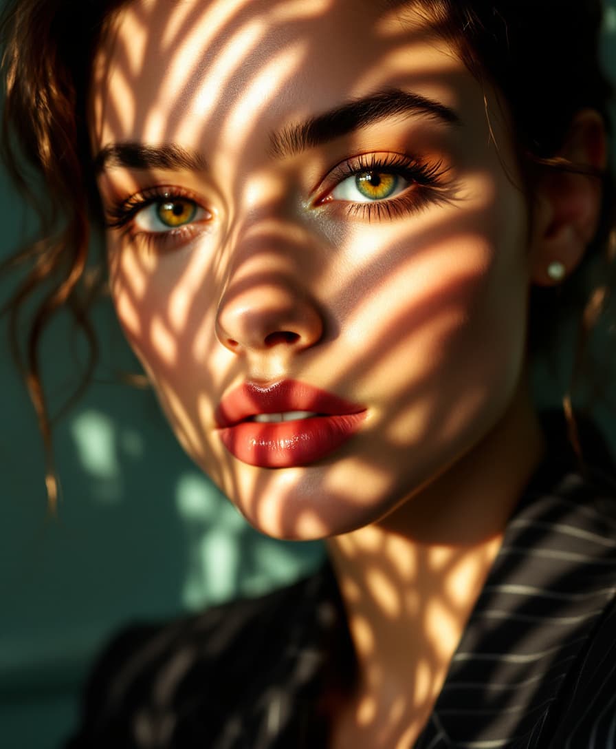 AI generated: Close-up portrait of a woman illuminated by soft, warm afternoon light streaming through window blin...