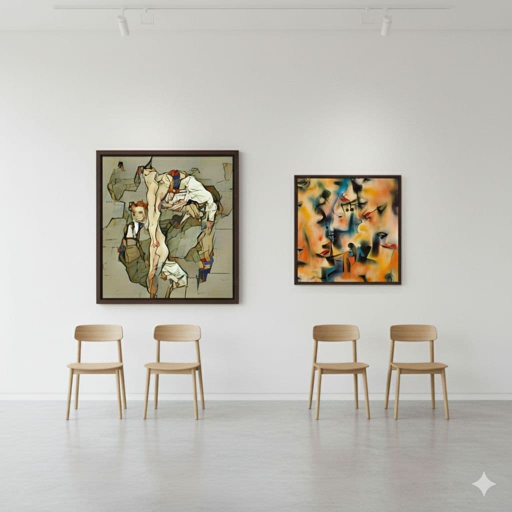 AI generated: a 4:5 aspect ratio version of this image with the artworks in the middle, with one chair on either s...