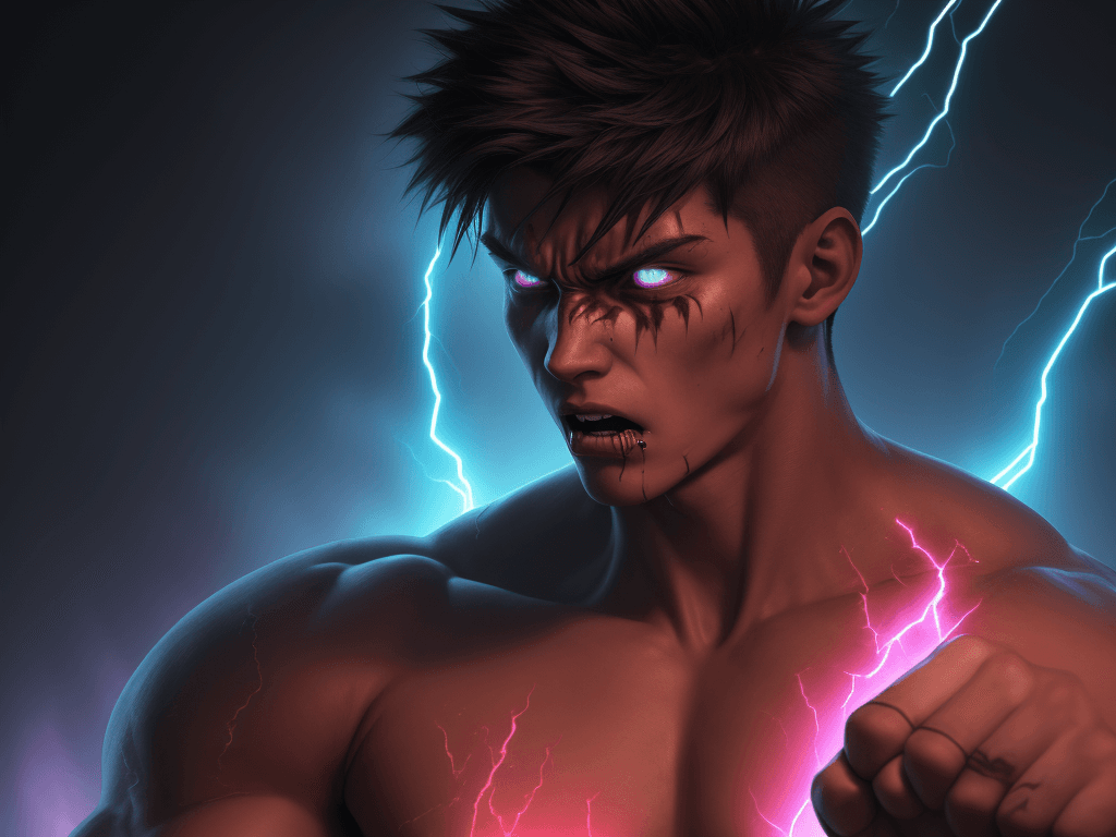 AI generated: digital wallpaper portrait of young man rising from the ashes, energy, aura, power, reincarnation wi...