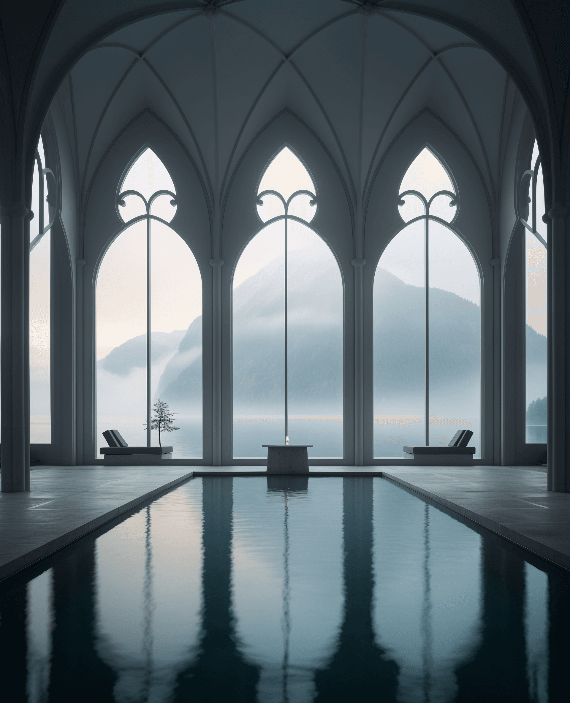 AI generated: A photograph of an indoor pool with gothic arches and windows, overlooking the misty lake in summer ...