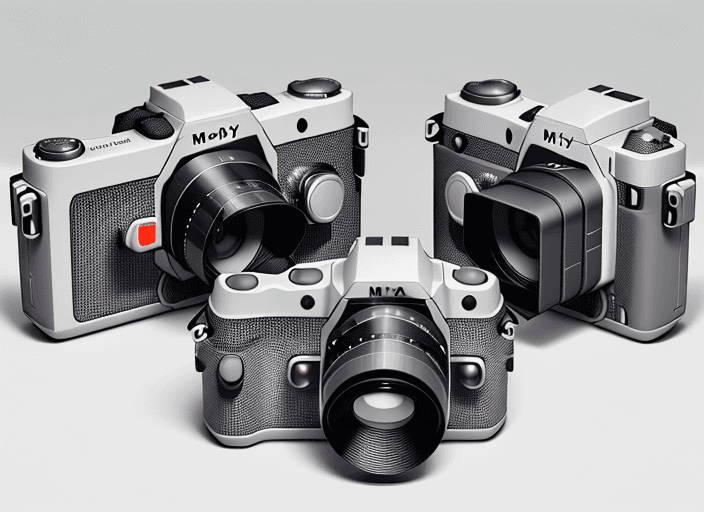 AI generated: 3 matte gray pocket cameras, arranged in a grid on a glossy white surface, front view, hyperrealisti...