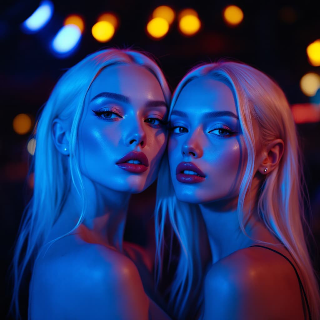 AI generated: Fashion photography, close portrait of two albino twin sisters in blue light at night club, volumetr...