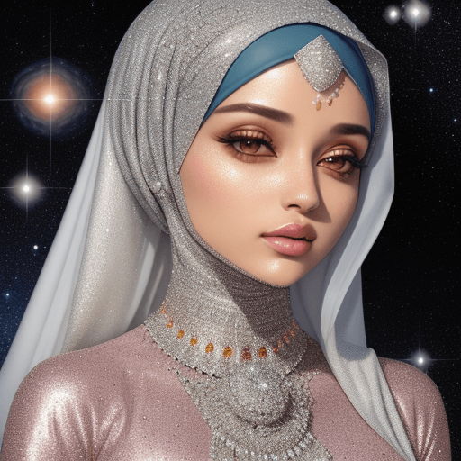 AI generated: Muslim hijabi women covered in diamonds, hyper realistic, floating in the universe --ar 9:16