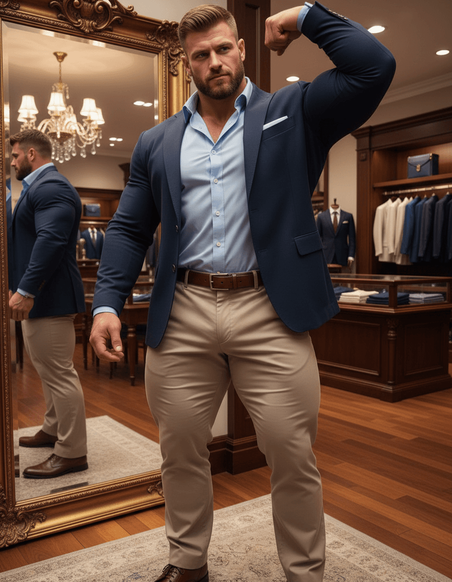 AI generated: At a very luxurious men's clothing store, the bodybuilder is white male, 6 feet 4 inches tall, he ha...