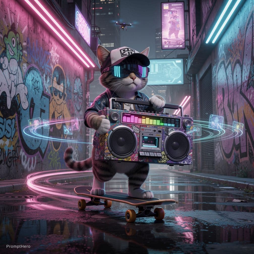 AI generated: Create a cyberpunk masterpiece: Picture a cat, cool and confident on a skateboard, adorned with a ba...