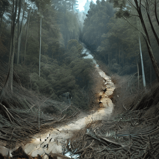 AI generated:  natural disaster in forest, flood landslide, no human characters, Showing the disharmony of nature,...