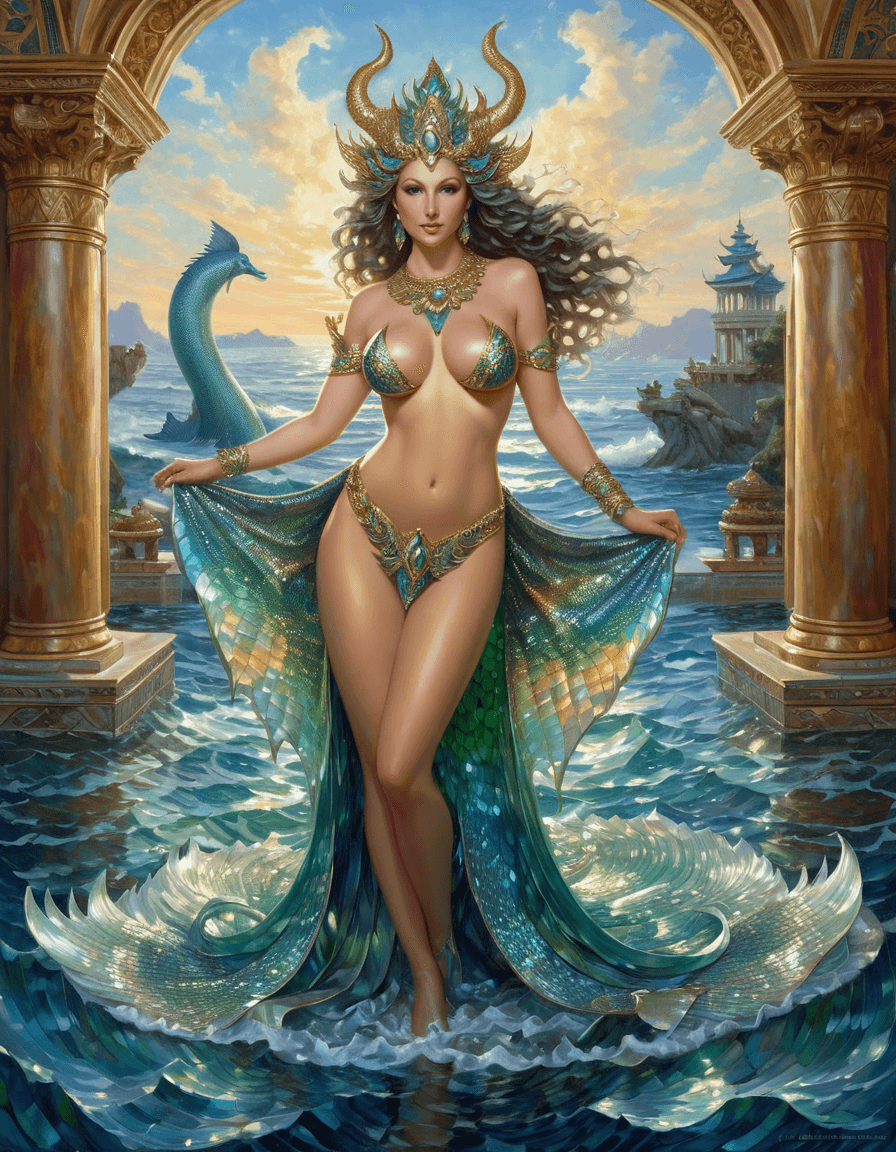 AI generated: NSFW, oil painting, mythology and fantasy, goddess of the seas, full body view, intricate scales and...