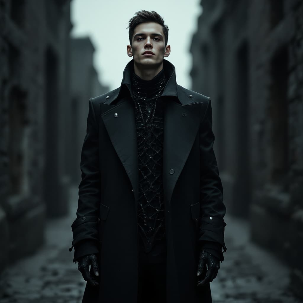 AI generated: photography, front full body shot, man model, gaze, avant-garde long jacket, inspired by matte black...