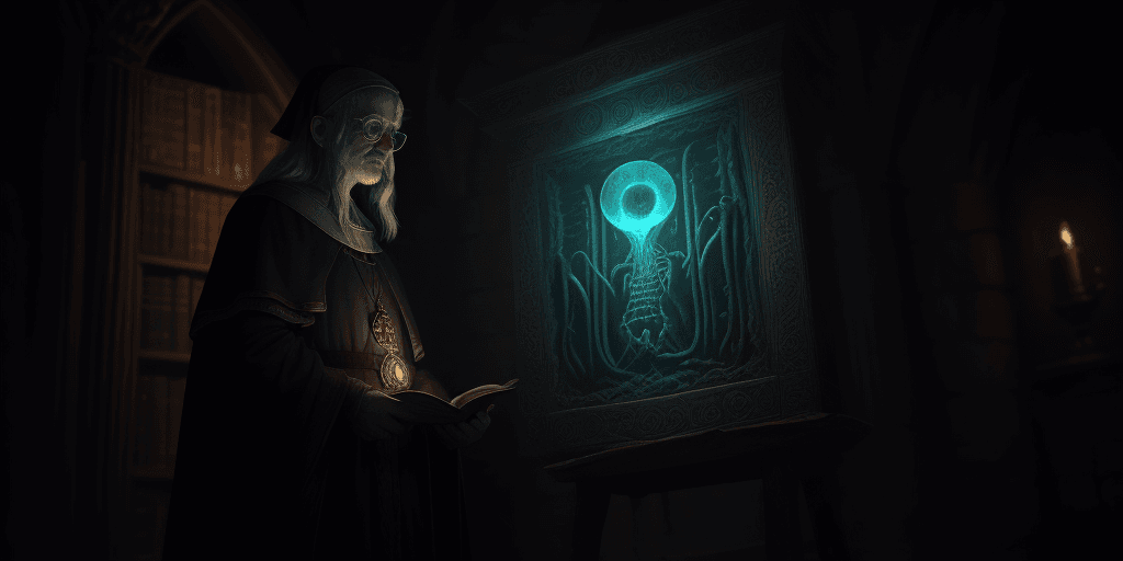 AI generated: medieval librarian exploring forbidden knowledge of the high eldritch gods, highly detailed, ambient...