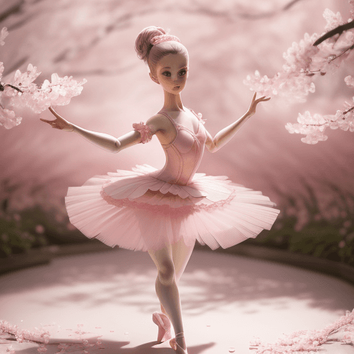 AI generated: Gotz ballerina doll dances in a delicate pink ballet tutu against a garden of blooming sakura blosso...