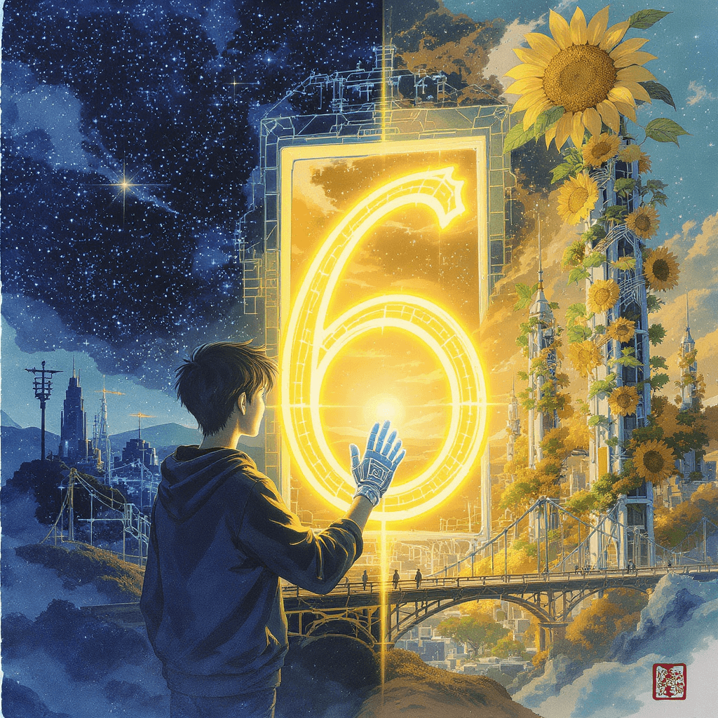 AI generated: At dawn, a young person touches a time gate shaped like the number ‘6’ with an AR glove. Beyond it, ...