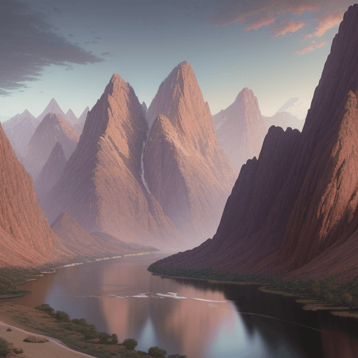 AI generated: a landscape with a river and mountains in the background, a detailed matte painting by Albert Namatj...