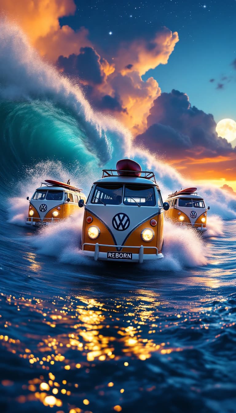 AI generated: A photo realistic  luminous photo, portrait view, soft focus photo. A Low angle view of  VW classic ...