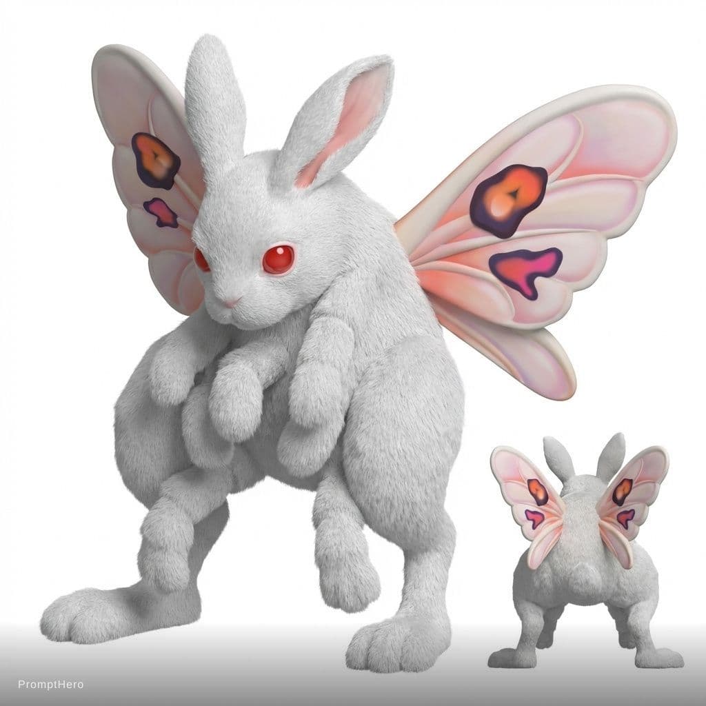 AI generated: technical orthographic three-view 3D blueprint of a fantasy rabbit creature, front/side/back views, ...
