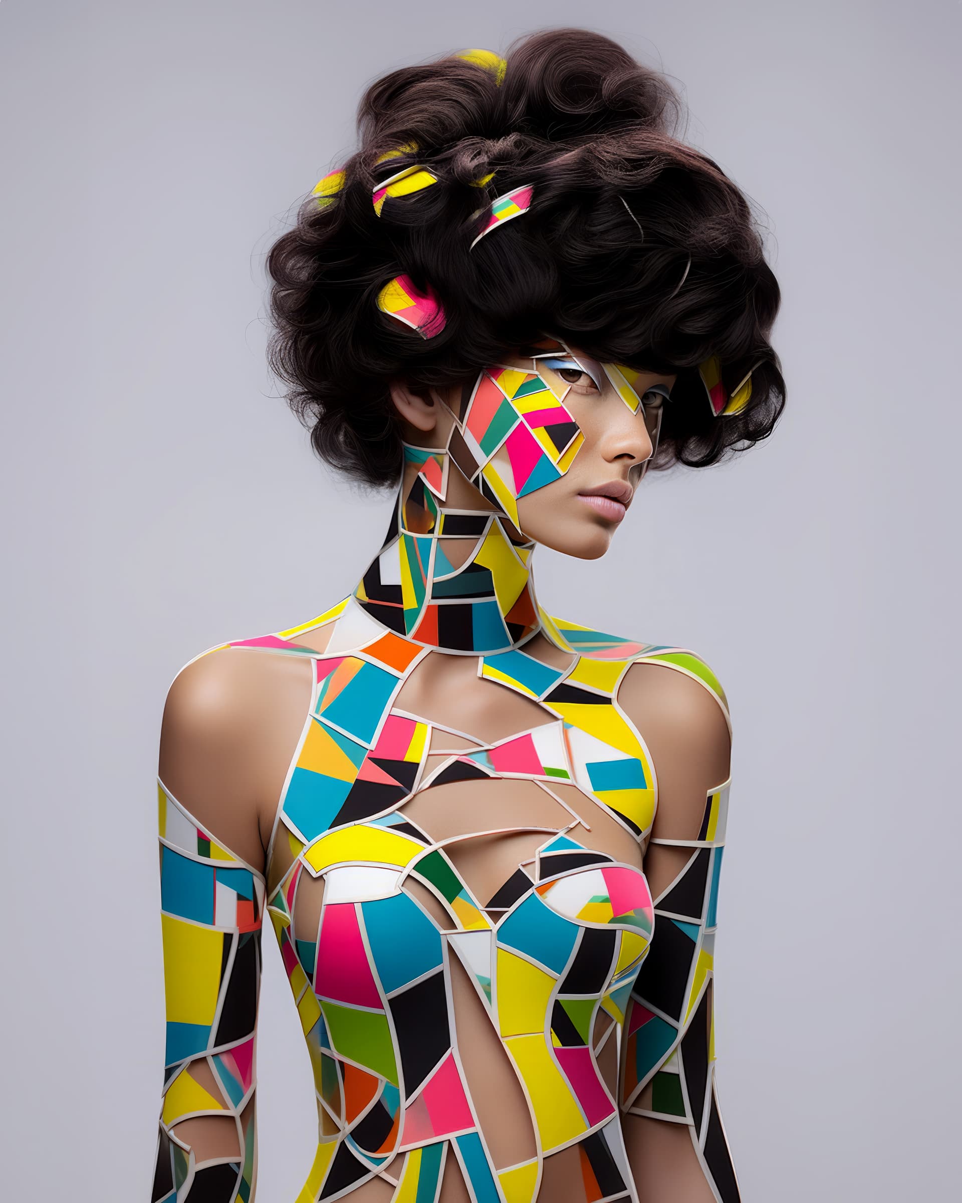 AI generated: female model in body art wearing color block makeup and a pierced mouth, in the style of pixelated a...