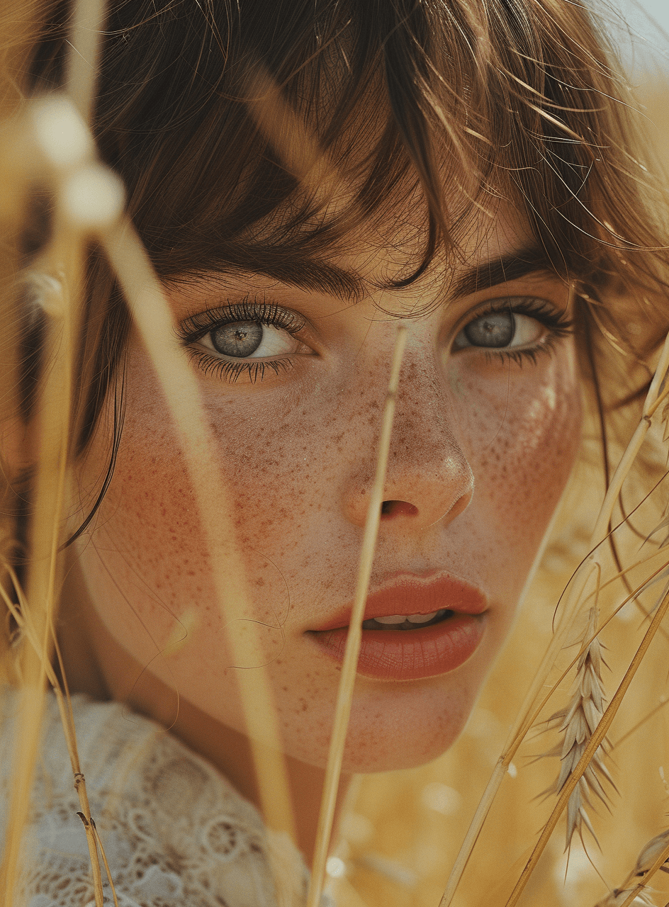 AI generated: picture of girl in the field with freckles, in the style of japanese photography, asymmetry --ar 74:...
