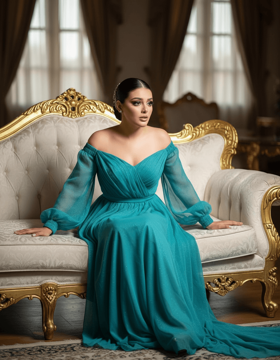AI generated: A **cinematic, highly detailed shot** of a **stunning, desperate woman** elegantly seated on a **lux...