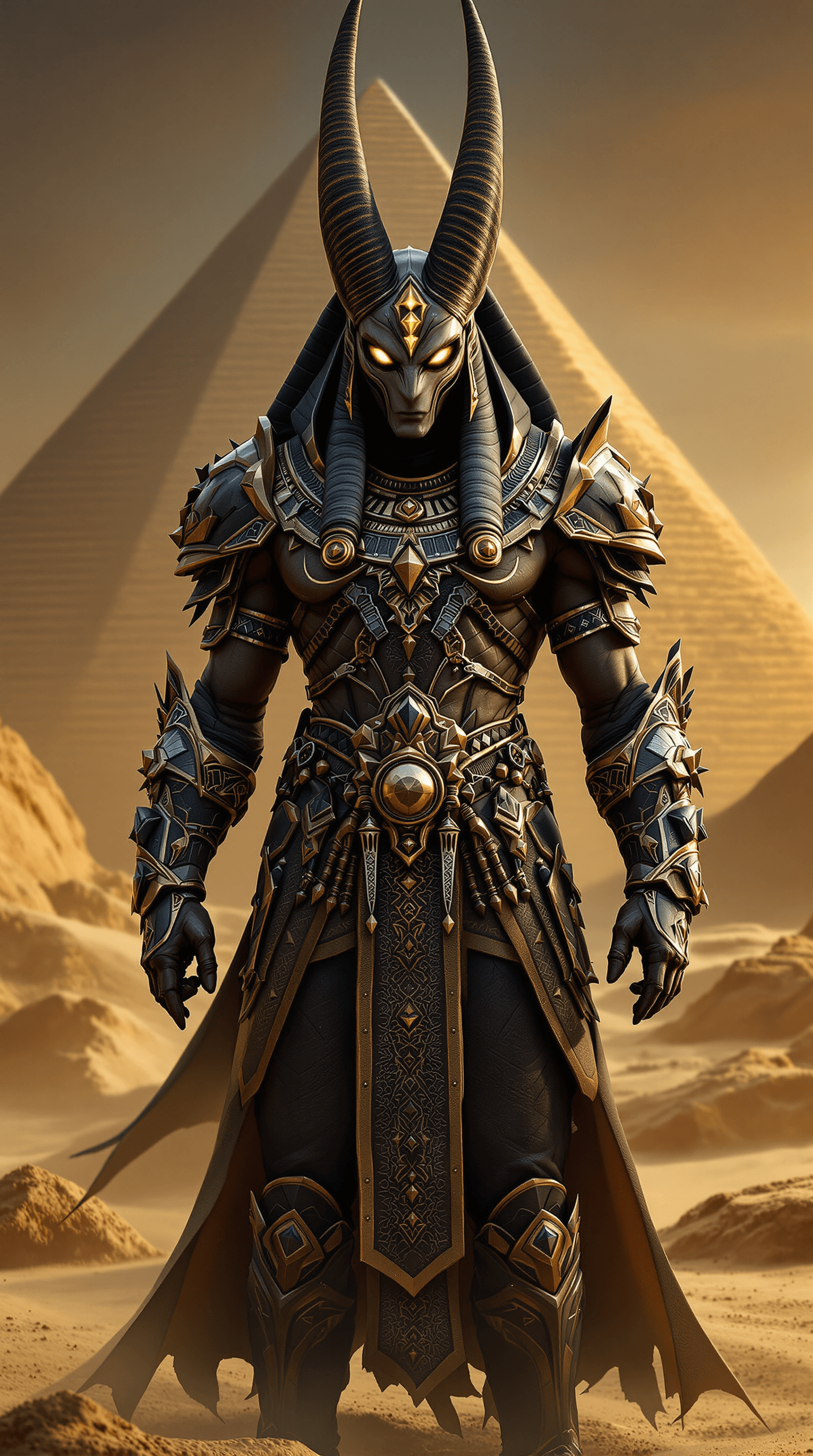 AI generated: anubis god egypt, background pyramid, glowing eyes, god, egypt, sand, heavy fantasy armor withe many...
