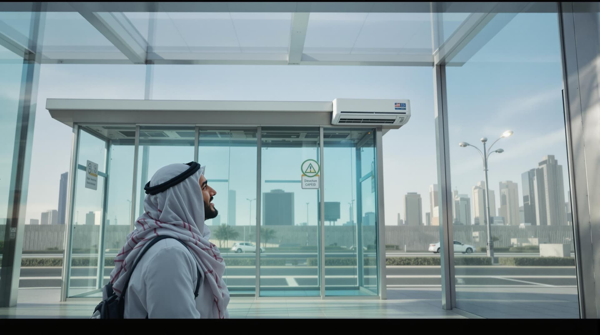 AI generated: In Riyadh city, A passenger waits for the bus at the bus stop. the bus stop is a room of 2.5m high. ...