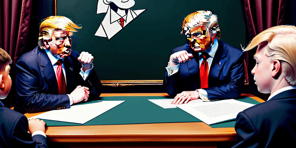 AI generated: Donald Trump teaching philosophy to schoolchildren, in the style of picasso