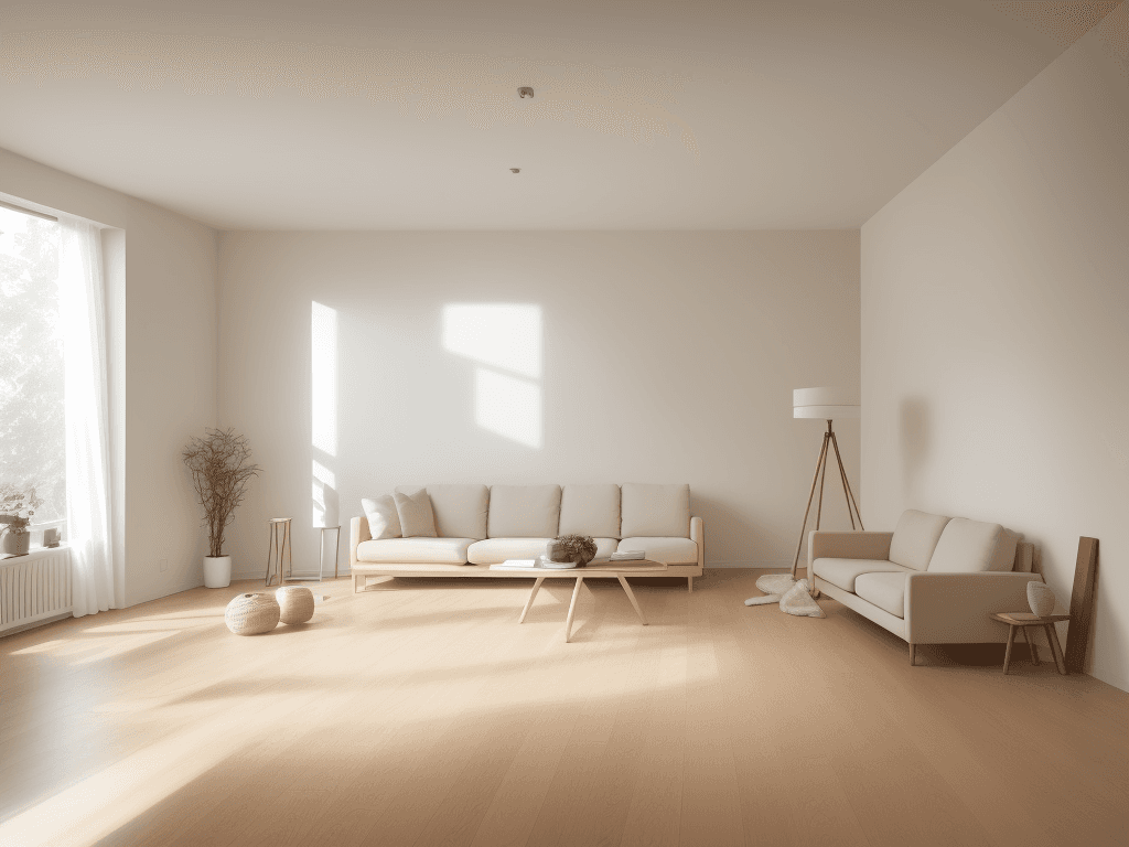AI generated: photography, minimalism, front shot with eye level, full-frame DSLR camera, living room, the color o...