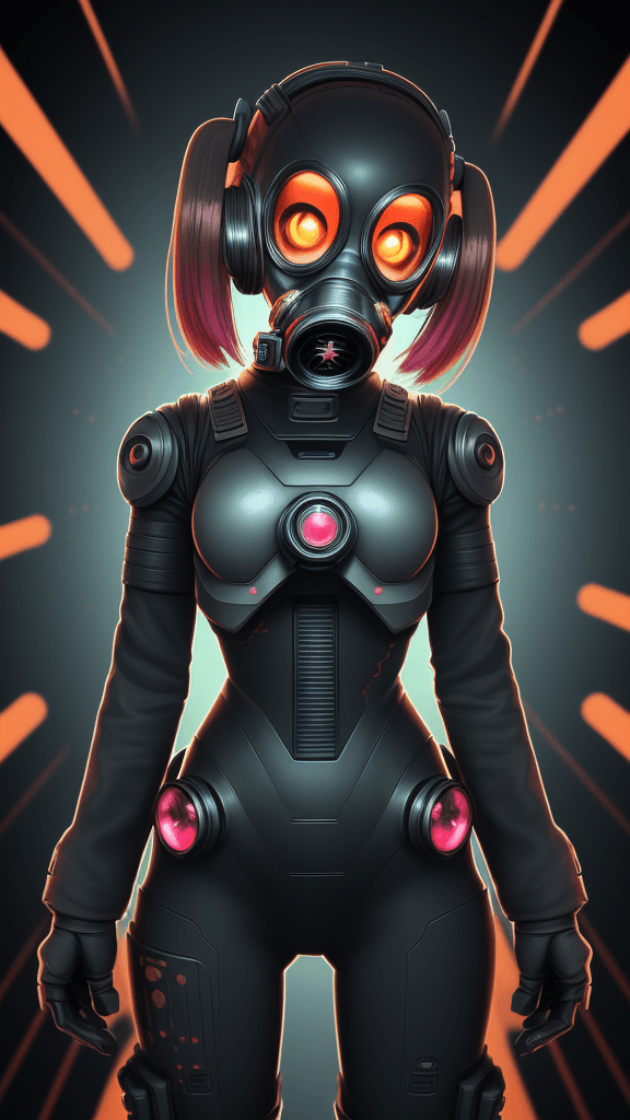 AI generated: in a complex background portrait of little Android woman. Wearing a gas mask. Prominent eyes, comple...
